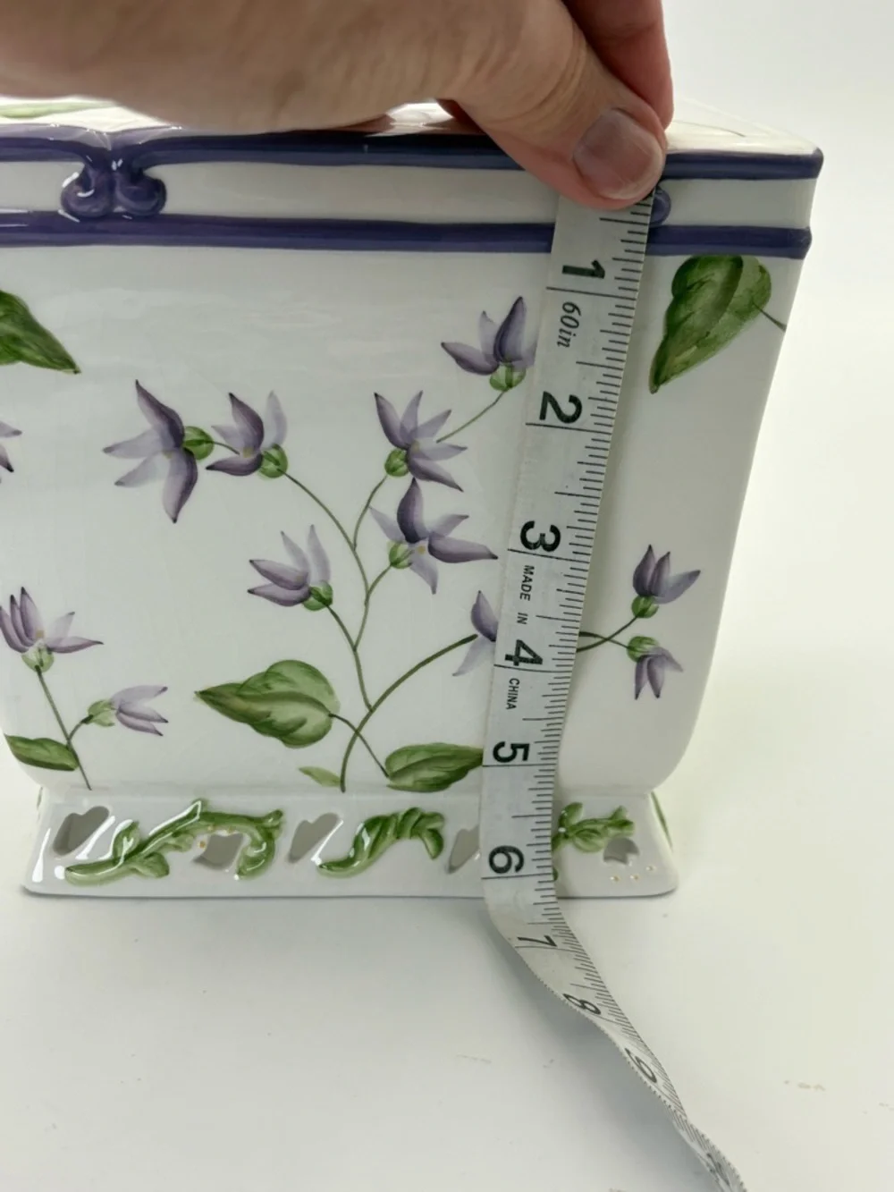 Veratex Violets Floral Ceramic Tissue Box Cover in White with Purple Trim